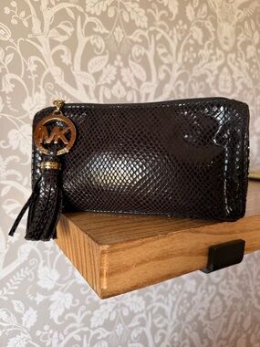 Michael Kors Black Snake Embossed Clutch Cosmetic Bag Gold Hardware w Tassel EUC